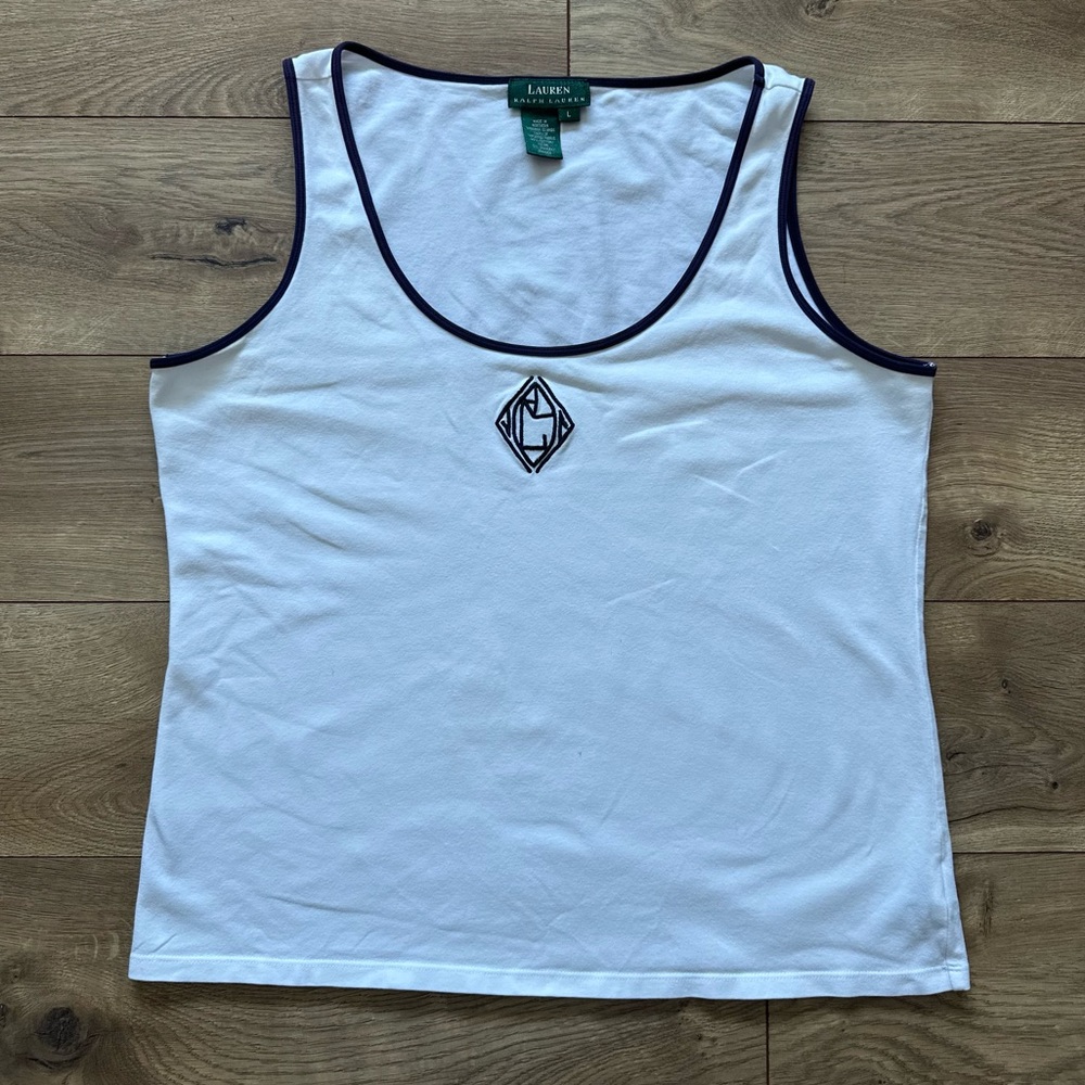 Lauren Ralph Lauren White Ringer Tank | Size L | Vintage Monogram | Old Money